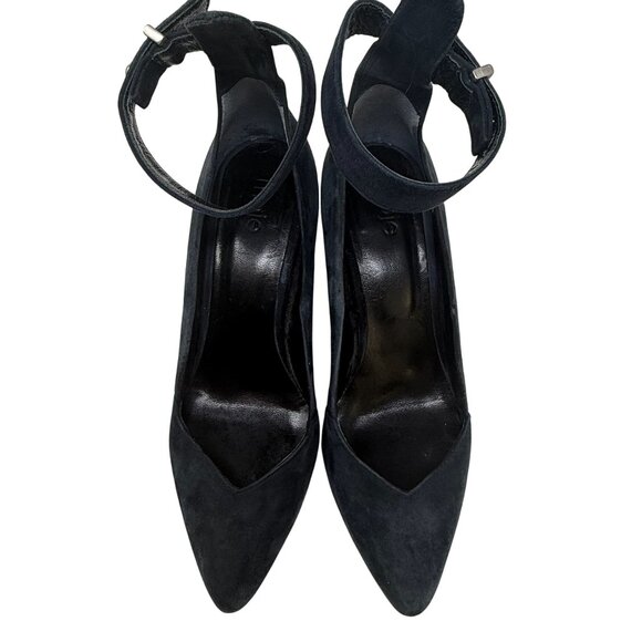 Maje Blue Suede Heels Detachable Brown Faux Fur Cuffs Pointed Toe 37 US 6.5 - Picture 8 of 12